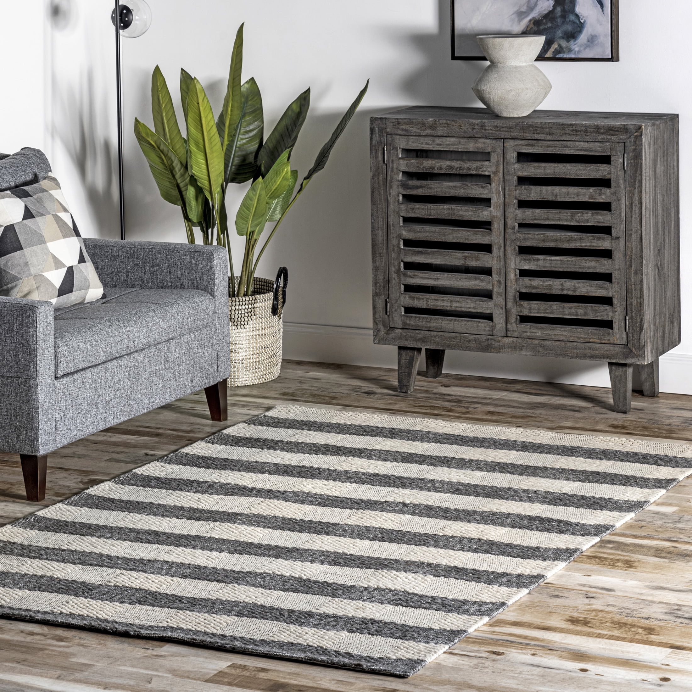 Gray and Off-White Striped Wool Blend Rectangular Area Rug 4' x 6'