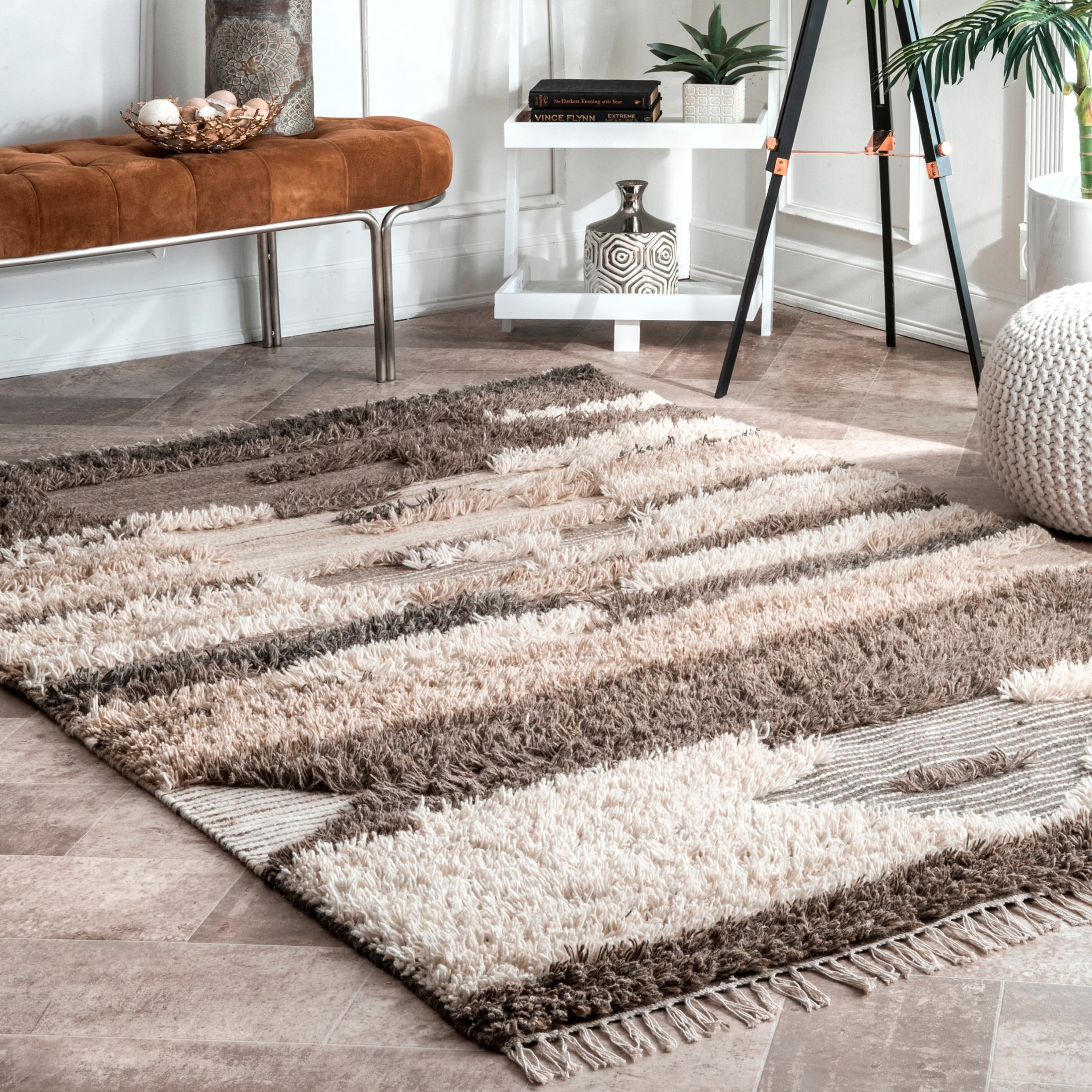 Tatanka Shag Wool Abstract Brown and Beige 4' x 6' Area Rug