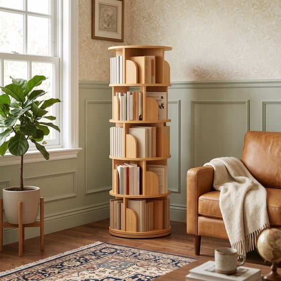 Arvolia 5-Tier Rotating Bookshelf, 360 Degree Spinning Bookcase Tower for Living Room, Bedroom, Home Office, Wood Color