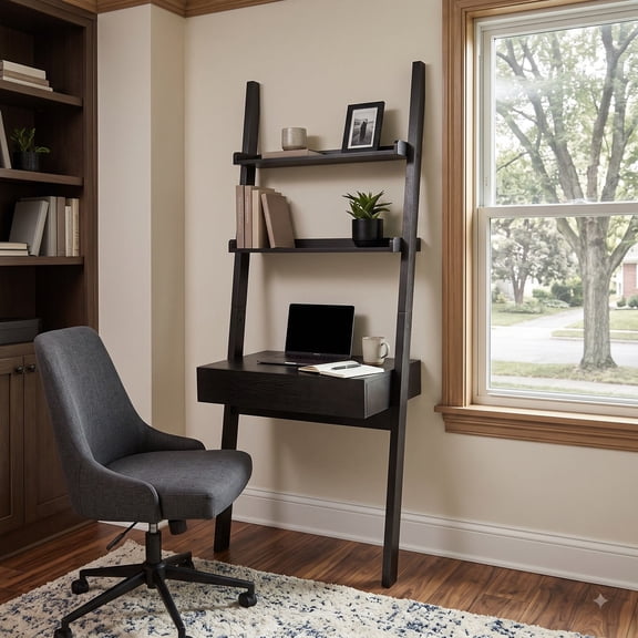Arvolia Home Office Desk with Ladder Shelf & Drawer, Computer Writing Desk with Storage Shelves, Modern Small Desk for Bedroom Study