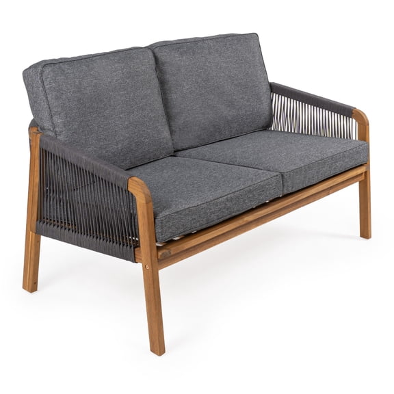 Arwen Modern Bohemian Roped Acacia Wood Outdoor Loveseat with Cushions, Gray/Teak Brown