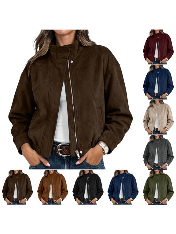 Lightweight Faux Suede Bomber Jacket Women Coats Outerwear Zipper, Elastic Hem, Cropped, Lapel Collar, Long Sleeve Fall Jackets, Loose Fit Ladies Coat, Fashion Clothing with Pockets
