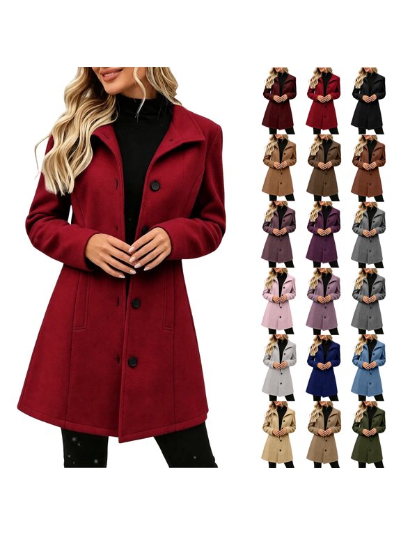 Women Winter Overcoat Mid-Long Stand Collar Single Breasted Coat Lapel Long Sleeve Button-up Coat for Work Office, Business Casual,Warm Casual Holiday Everyday Wear