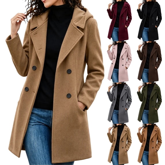Arxian Women's Classic Wool Peacoat Double Breasted Casual Hooded Long Sleeved Button Down Jacket With Lining and Pockets Pea Coat With Shoulder Pads