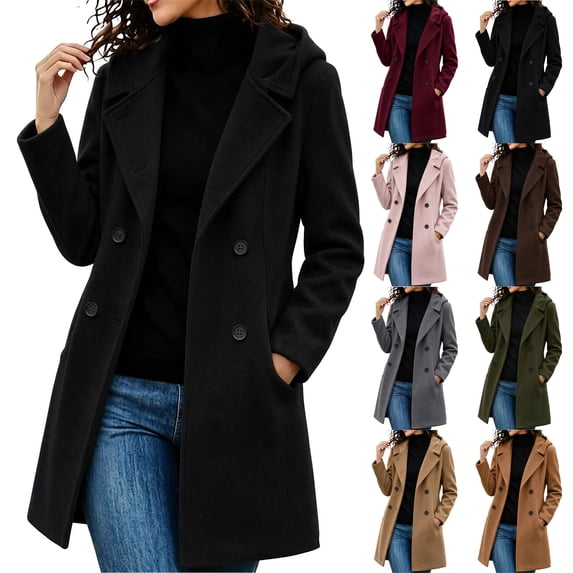 Arxian Women's Premium Wool Blend Double Breasted Mid Long Pea Coat Casual Hooded Long Sleeved Button Down Jacket With Lining and Pockets Pea Coat With Shoulder Pads