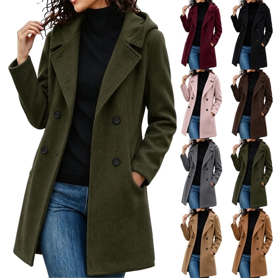 Arxian Women's Premium Wool Blend Double Breasted Mid Long Pea Coat Casual Hooded Long Sleeved Button Down Jacket With Lining and Pockets Pea Coat With Shoulder Pads