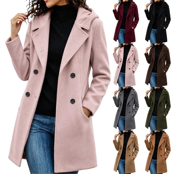Arxian Womens Fall Winter Wool Coats Double Breasted Midi Peacoat Trench Coats Casual Hooded Long Sleeved Button Down Jacket With Lining and Pockets Pea Coat With Shoulder Pads