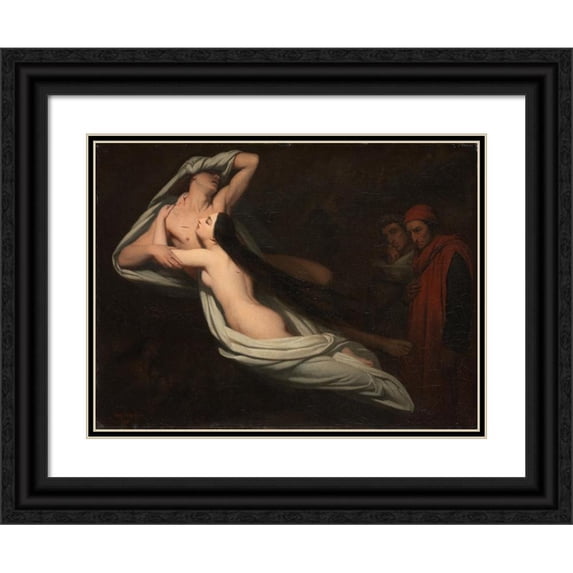 Ary Scheffer 18x14 Black Ornate Wood Framed Double Matted Museum Art Print Titled - Dante and Virgil Meeting the Shades of Francesca Da Rimini and Paolo (1851)