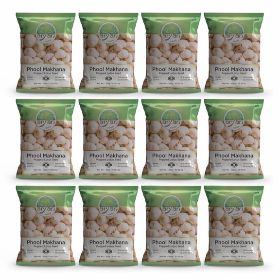 Aryan Phool Makhana (Puffed Lotus Kernals)-100gm (Pack of 12) Popped Lotus Seeds Fox Nuts Low Calorie Natural Protein Snack Gluten Free & Vegan