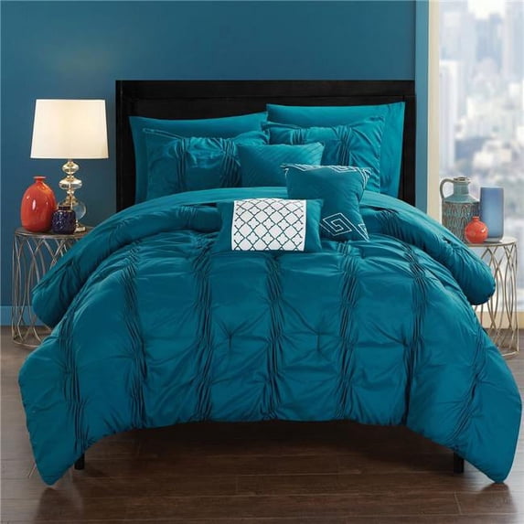 Aryan Pinch Pleated, Ruffled & Pleated Complete Bed in a Bag Comforter Set with Sheets & Decorative Pillows - Navy - Queen - 10 Piece