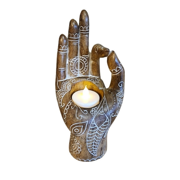 Aryellys Buddha Hand 7-Inches Wooden Color Tea Light Candle Holder Sculpture