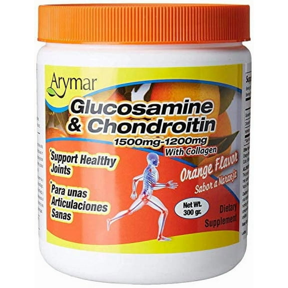 Arymar Glucosamine & Chondroitin Powder 1500mg-1200mg with Collagen, Orange Flavor, 300g