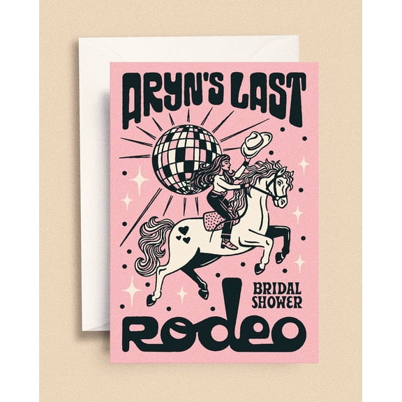 Aryn's Last Rodeo Bridal Shower Invitation Card Fun Disco Horse Design Perfect for Bachelorette and Bridal Celebrations Includes Envelope