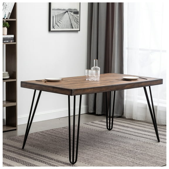 Aryven Industrial Metal Hairpin Design Dining Table, Rustic Dark Pine