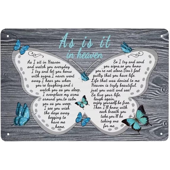 As I Sit in Heaven - Butterfly Decor Metal Sign 8x12 Inch Bedroom Cafe Home Bar Pub Coffee Kitchen Bathroom Funny Wall Decor Art