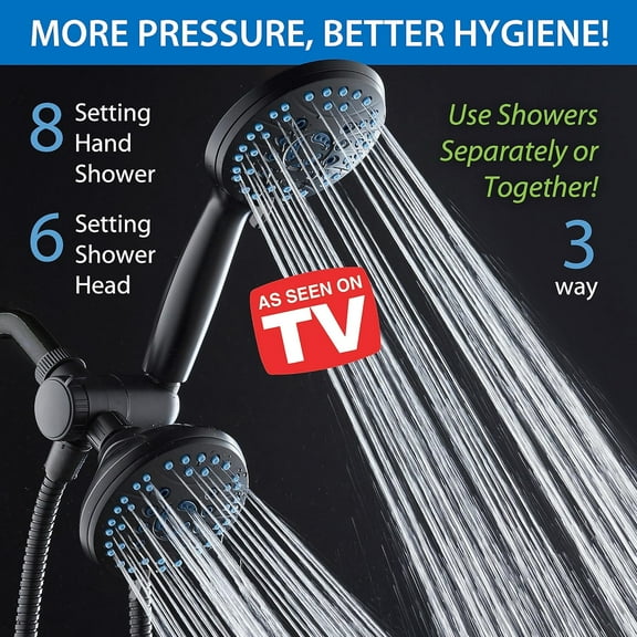 As-Seen-On-TV High Pressure 48-setting Rain & Handheld 3-way Shower Head Combo - Anti-clog Nozzles/Tub, Tile & Pet Power Wash/Extra Long 6 ft. Hose/Matte Black Finish