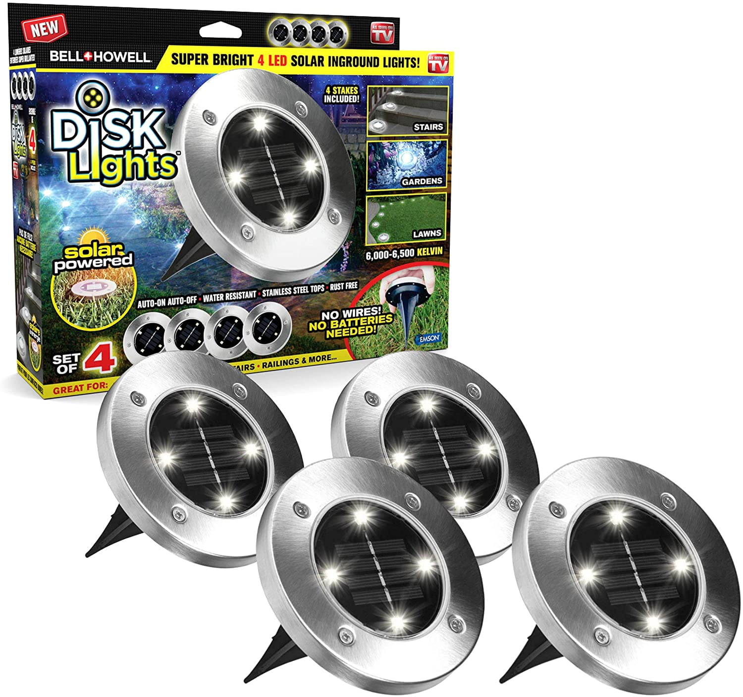 Bell + Howell Silver Solar LED Pathway Disk Lights, Set of 4