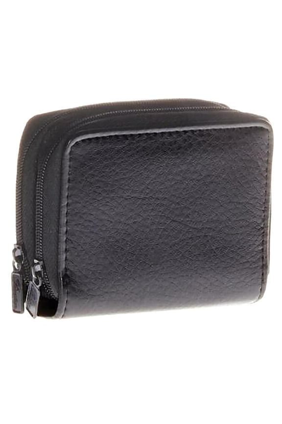 - Accordion Cardholder Wallet Faux Leather 2 Zip Compartment 5 Pocket Mens - Black
