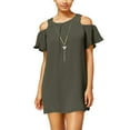thumbnail image 1 of As U Wish Juniors' Cold-Shoulder Necklace Shift Dress (Olive, Small), 1 of 1