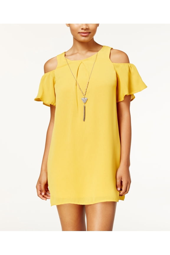 Juniors Cold Shoulder Necklace Shift Dress Yellow S