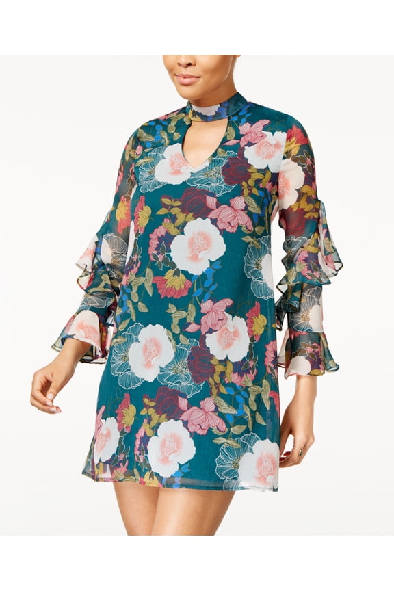 Juniors Floral Print Choker Neck Dress Green Blush S