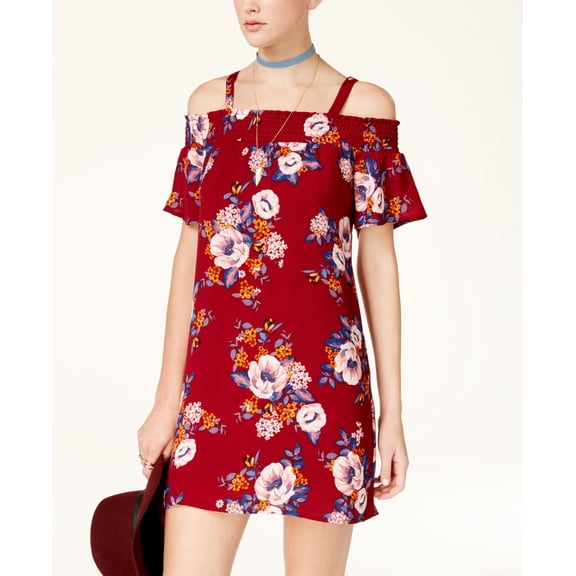 As U Wish Juniors Printed Cold Shoulder Shift Dress Winenavy XL