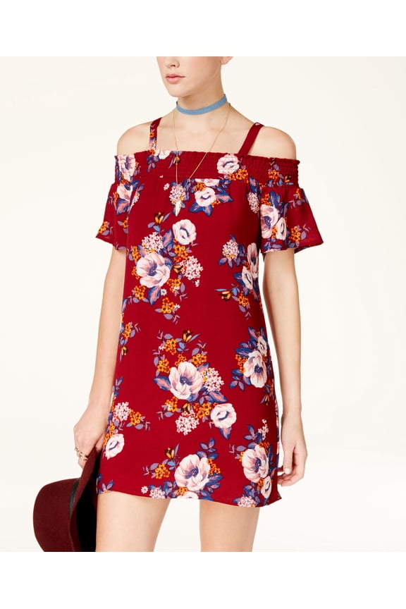 Juniors Printed Cold Shoulder Shift Dress Winenavy XL