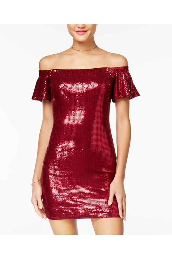 Juniors Sequined Off The Shoulder Bodycon Dress Red M