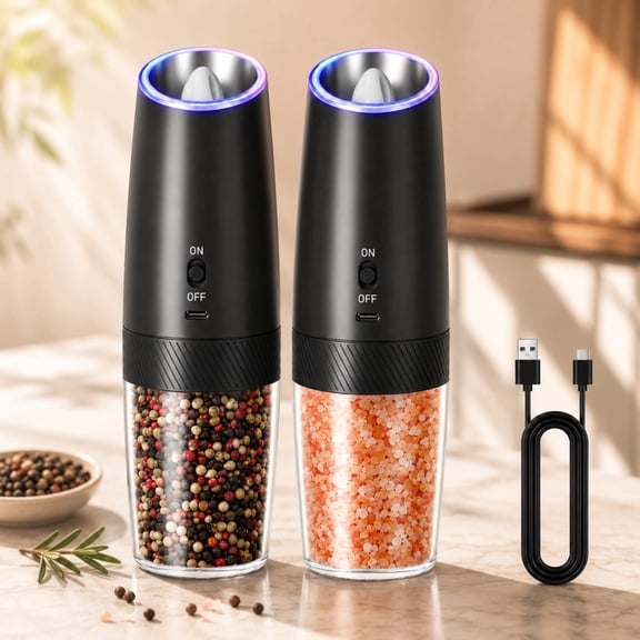 AsFrost Rechargeable Electric Salt and Pepper Grinder Set Gravity Salt and Pepper Mills Set with LED Light, No Battery Needed, Adjustable Coarseness, Washable 135ml Container