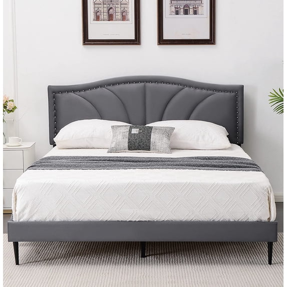 AsKmore Full Size Bed Frame,Velvet Upholstered Platform Bed with Decorative Flower Line & Nailhead Trim Headboard with Wood Slat Support,No Box Spring Needed ,Mattress Foundation,Easy Assembly, Grey…