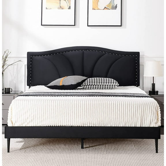 AsKmore Full Size Bed Frame,Velvet Upholstered Platform Bed with Decorative Flower Line & Nailhead Trim Headboard with Wood Slat Support,No Box Spring Needed ,Mattress Foundation，Easy Assembly, Black…