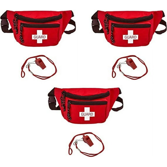 AsaTechmed 3 Pack - Lifeguard Fanny Pack with Whistle Lanyard - Baywatch Style First Aid Hip Pack w/Adjustable Strap, Cross Logo + Zipper Pouch, Emergency Equipment Set