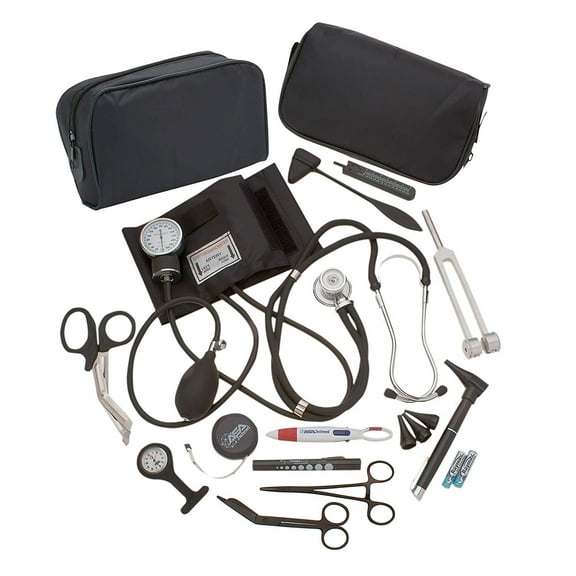 AsaTechmed Complete Diagnostic Blood Pressure, Stethoscope, Otoscope Kit w/Tuning Fork, Neurological Reflex Hammer, EMT Shears || Nurse Starter Kit with Travel Pouch + Accessories (Tactical Black)