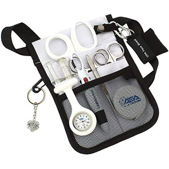 AsaTechmed Nurse Pro Pack Pocket Organizer Pouch Hip Bag Medical Organizer Belt | Utility Medical Gear Kit | Antimicrobial, HHA, EMT, CNA, NP, PA, Student, Nurse Kit - TOOLS INCLUDED (White)
