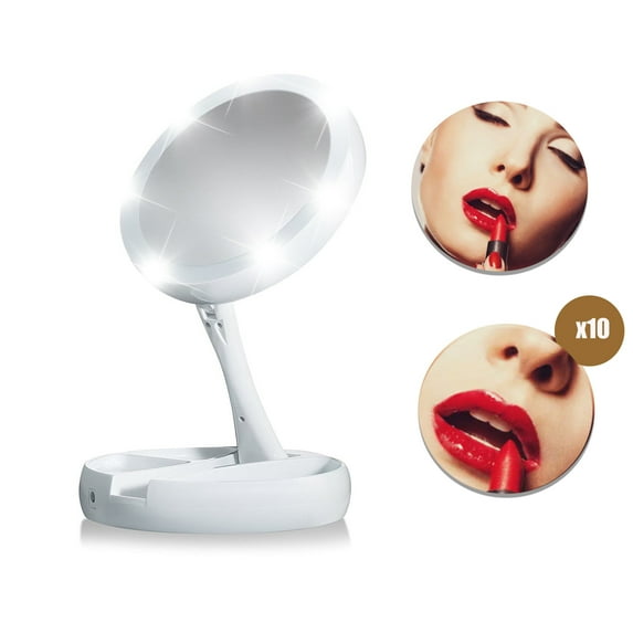 Asablve Foldable Travel Makeup Mirror 360° Rotation, LED Magnifying Makeup Mirror, Portable Lighted Makeup Mirror Vanity Mirror 10x Magnifying Mirror for Women, White (Battery Not Included)