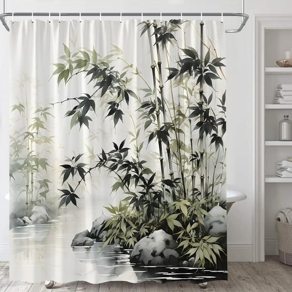Asain Bamboo Shower Curtain Vintage Japanese Ink Painting Green Bamboo Forest Water Pond Stone Zen Spa Relaxing Rustic Wild Nature Plant Spring Scenic Fabric Bathroom Curtains with Plastic Hooks…