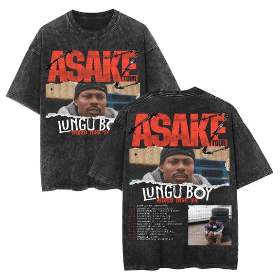 Asake Merch T-shirt Lungu Boy World Tour  Washed Cotton T-shirt Fashion Short Sleeve Hip Hop Tee