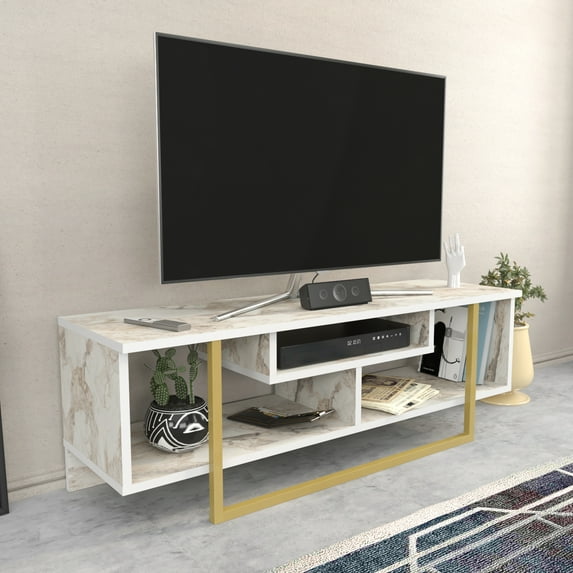 Asal 47" Modern Metal Wood TV Stand for 55 inch TV Marble White Gold