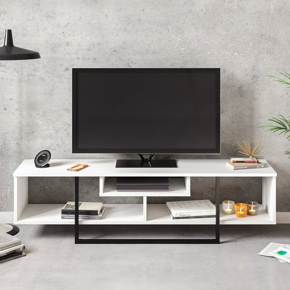 Asal 59" Modern Metal Frame Wood TV Stand for 65 inch TV White & Black
