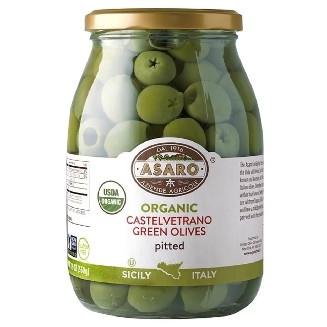 Asaro Organic Castelvetrano Green Pitted Olives, 19 Oz
