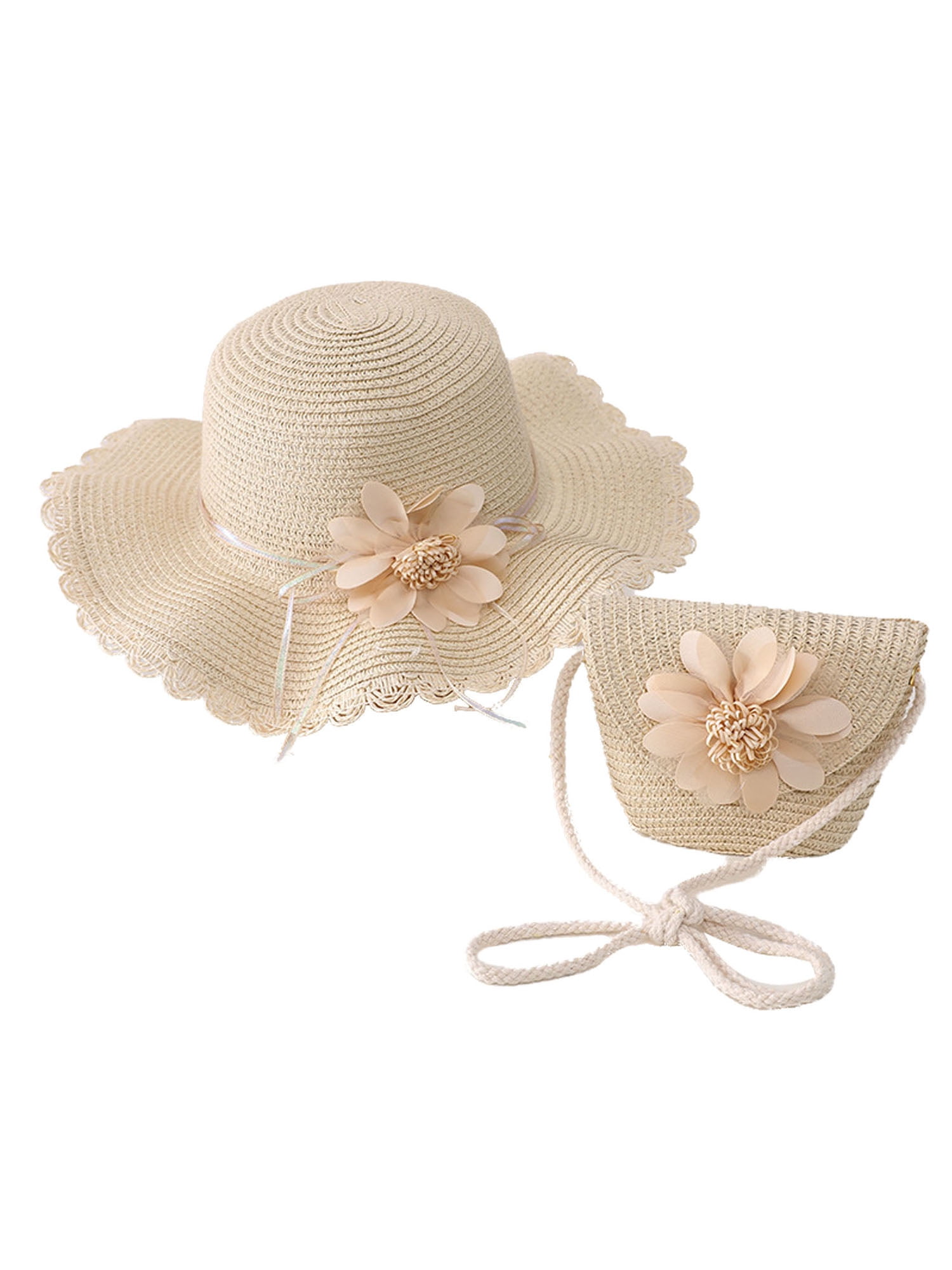 Asashitenel Summer Wide Brim Flower Straw Hat and Bag Set for Kids