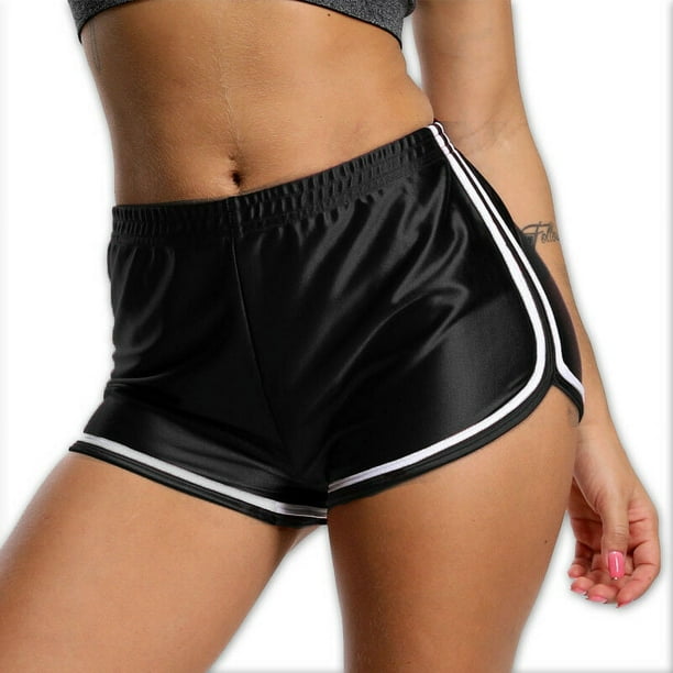 Asashitenel Women Gym Sports Short Pants Satin Silk High Waist Sexy Striped Slim Running Bottoms Yoga Pants Workout Shorts