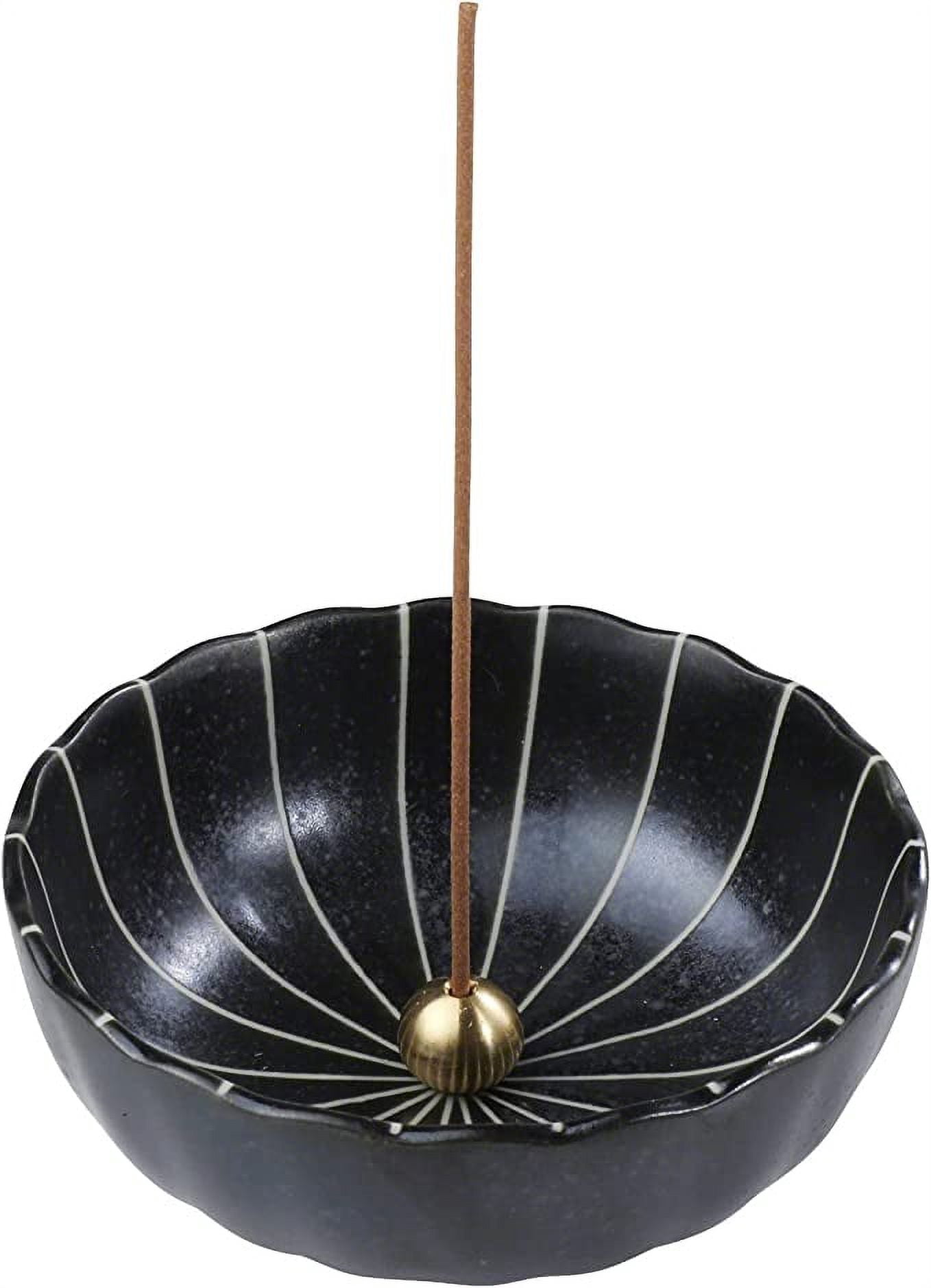 Asayu Japan 4.1" Lotus Incense Holder Set with Brass Stand Made in Japan Matte Black