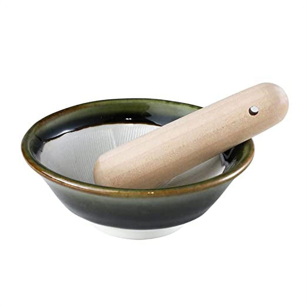 Olive Green Ceramic Mortar Bowl with Wooden Pestle, 4.29"