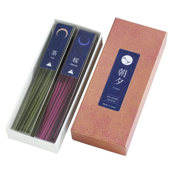 Asayu Japan Low Smoke Incense Sticks Set Green Tea and Cherry Blossom Made in Japan 1.41oz