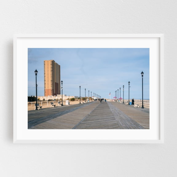 Asbury Park Boardwalk - Asbury Park New Jersey Photography Boardwalk Beach Coastal Ocean Cityscape Architecture Skyline White Framed Wall Art Print 5 x 7 inches