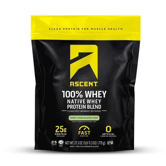 Ascent 100% Whey Protein Powder, Gluten Free, Mint Chocolate Chip, 25 Servings