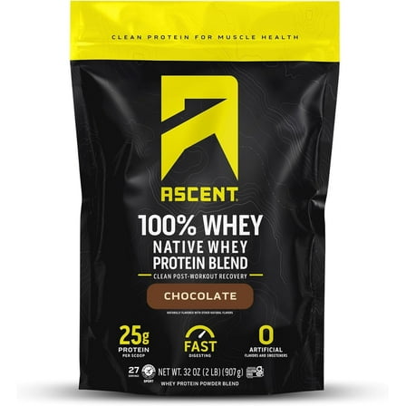 Ascent 100% Whey Protein Powder, Chocolate, Zero Artificial Flavors & Ingredients, 2lb