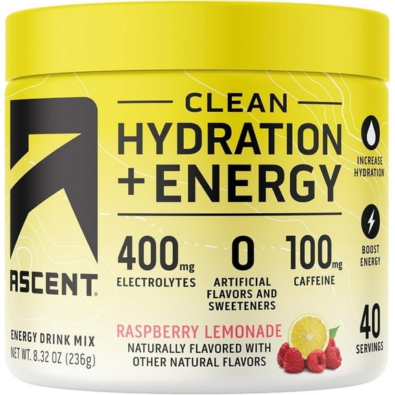 Ascent Clean Hydration + Energy Electrolytes Powder, Raspberry Lemonade, 40 Servings