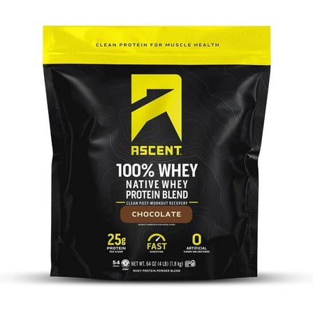 Ascent 100% Whey Protein Powder - Post Workout Whey Protein Isolate, Zero Artificial Flavors & Sweeteners, Soy & Gluten Free, 5.5g BCAA, 2.6g Leucine, Essential Amino Acids, Chocolate 4 lb